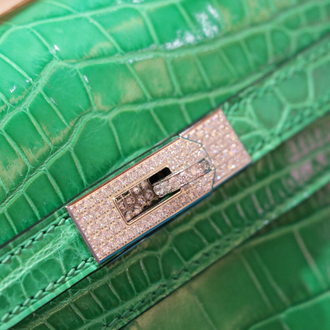 Hermes SHINY  Bamboo  NILOTICUS CROCODILE KELLY 25 WITH Diamond Encrusted HARDWARE