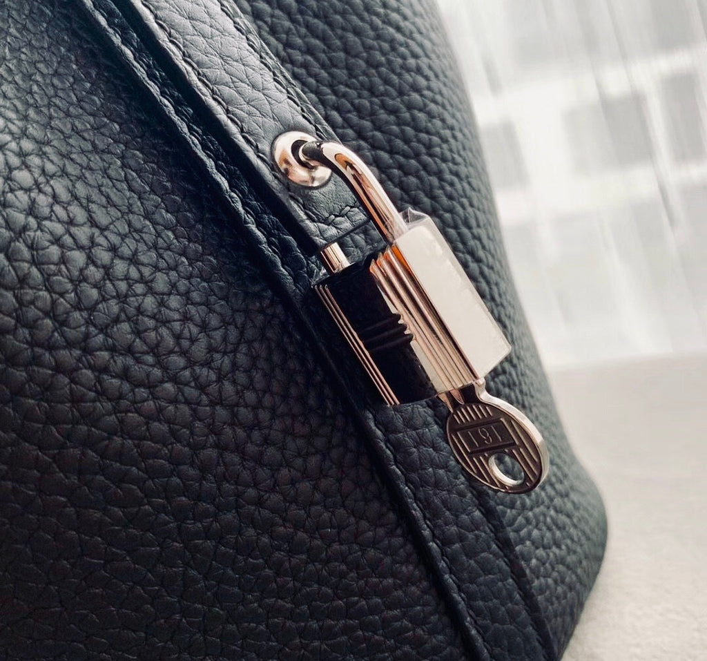 Herme Picotin Lock Touch bag MM Black Clemence leather/Matt alligator crocodile skin　Silver hardware
