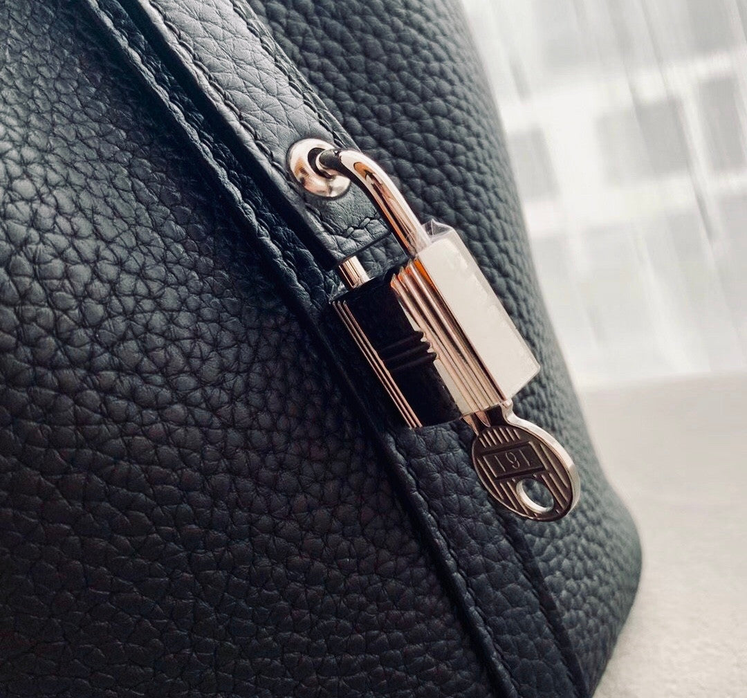 Herme Picotin Lock Touch bag MM Black Clemence leather/Matt alligator crocodile skin　Silver hardware