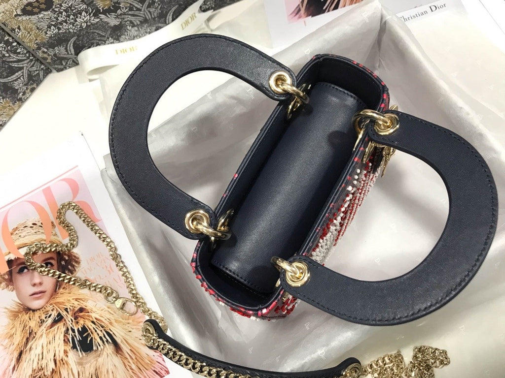 Christian Dior MEDIUM LADY DIOR BAG Black Printed Calfskin with Multicolor Dior In Lights Pearl and Thread Embroidery