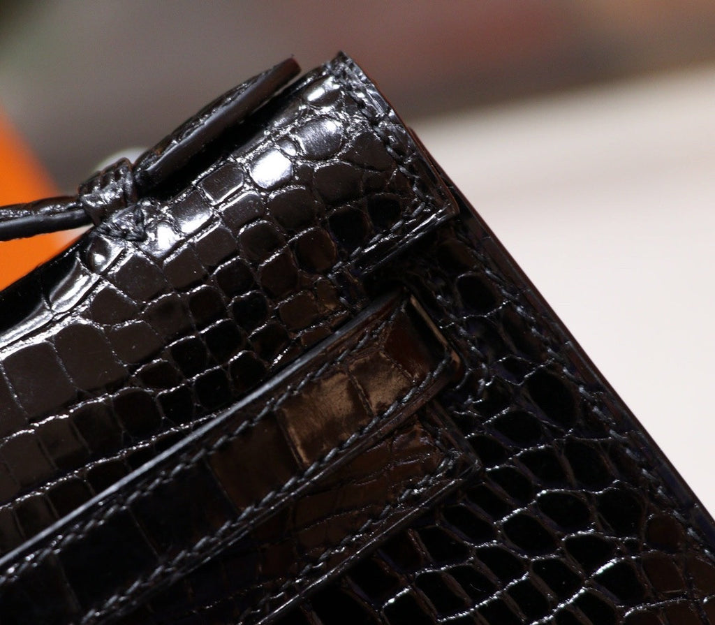 Hermes Black Mini Kelly Pochette Gator Shine with Gold Hardware