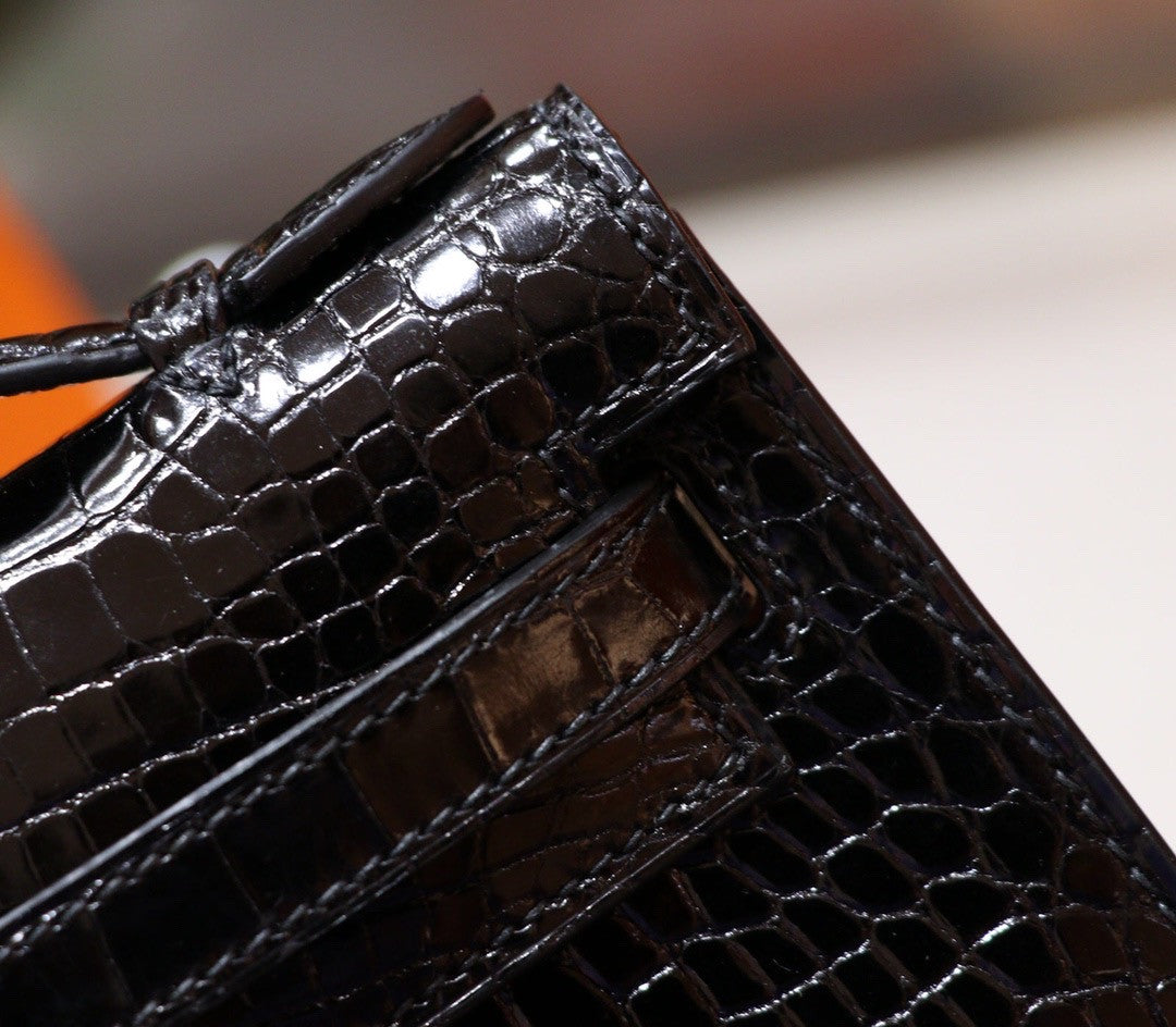 Hermes Black Mini Kelly Pochette Gator Shine with Gold Hardware