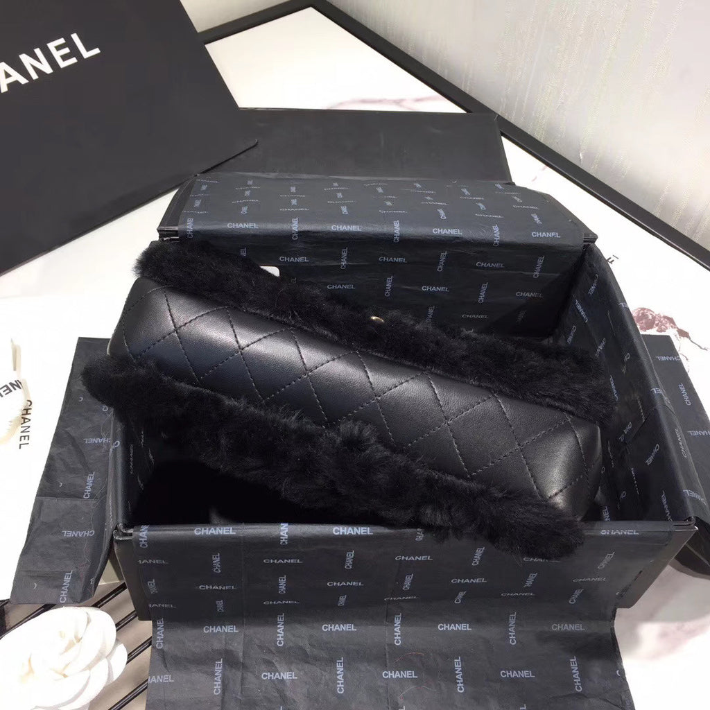Chanel Shearling Lambskin Flap Bag Black