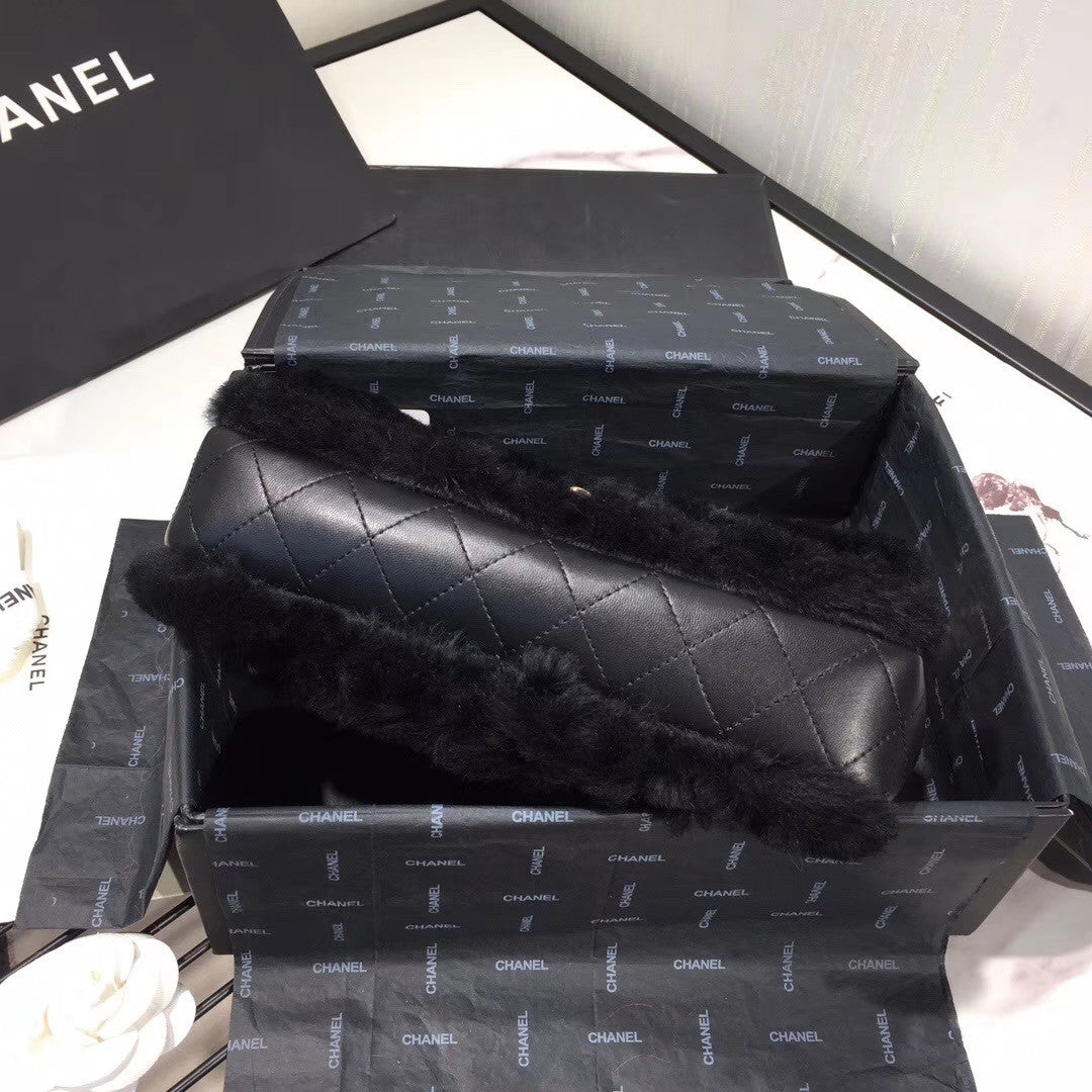 Chanel Shearling Lambskin Flap Bag Black