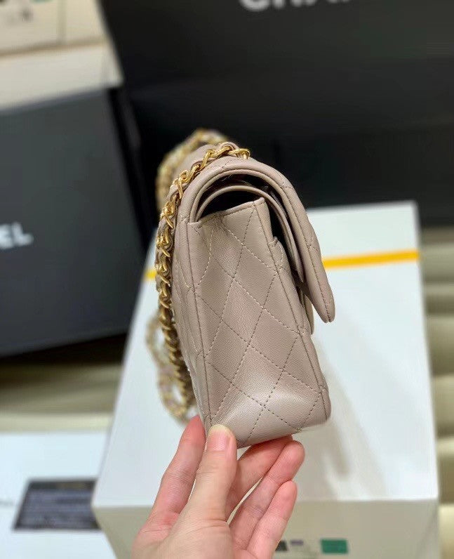CHANEL  Gris Tourterelle Lambskin Leather Classic Double Flap 2.55 Shoulder Bag With Gold Hardware
