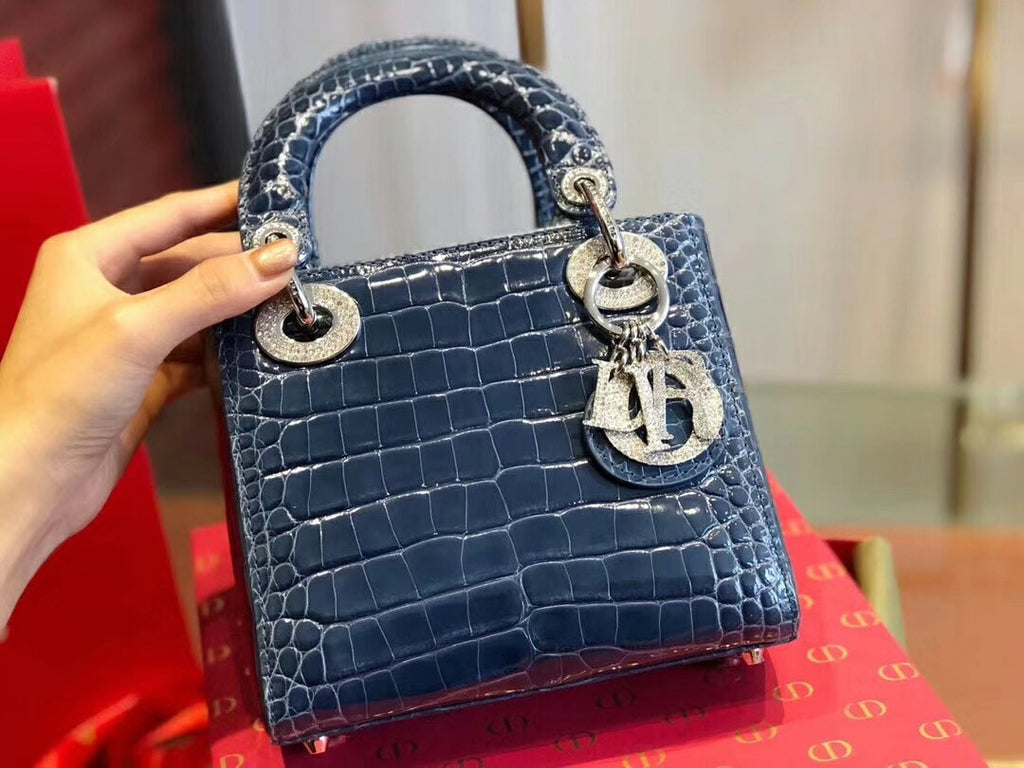 Christian Dior Blue  Alligator Mini Lady Dior Tote with gemstone hardware