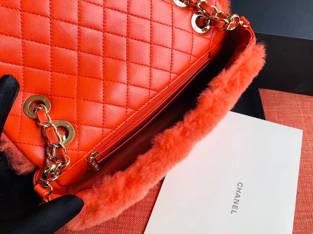 Chanel Shearling Lambskin Flap Bag Bright Red