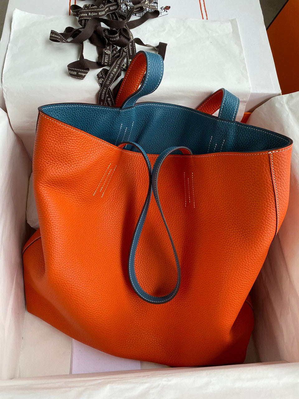 Hermes Double Sens Tote 30 Orange & Blue Jean