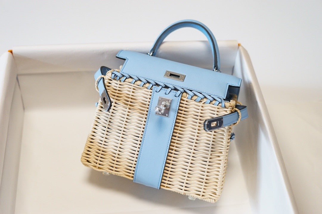 HERMES KELLY 20 MINI PICNIC BLUE SWIFT PALLADIUM HARDWARE