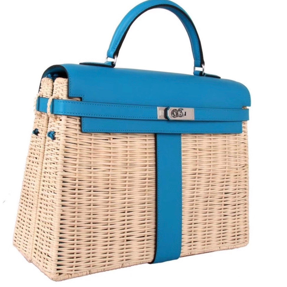 Hermes Limited Edition 3Z Bleu Saint Cyr Picnic Kelly 35 Wicker Palladium Hardware