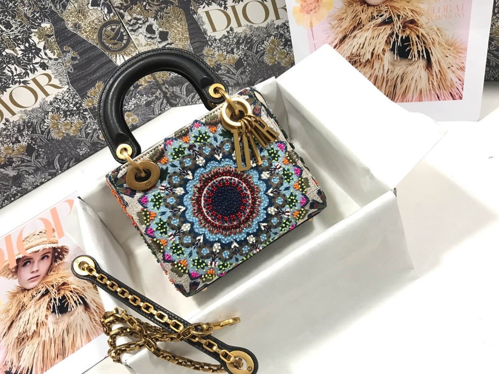 Christian Dior MEDIUM LADY DIOR BAG Black Printed Calfskin with Multicolor Dior In Lights Pearl and Thread Embroidery