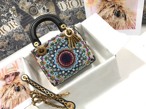 Christian Dior MEDIUM LADY DIOR BAG Black Printed Calfskin with Multicolor Dior In Lights Pearl and Thread Embroidery