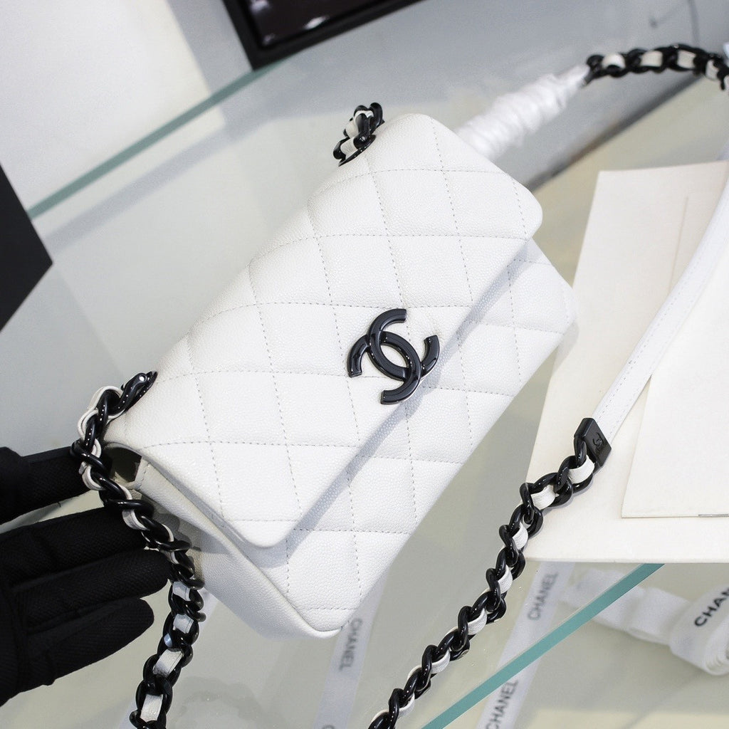 Chanel Small Grained Calfskin Lacquered Logo Flap Bag