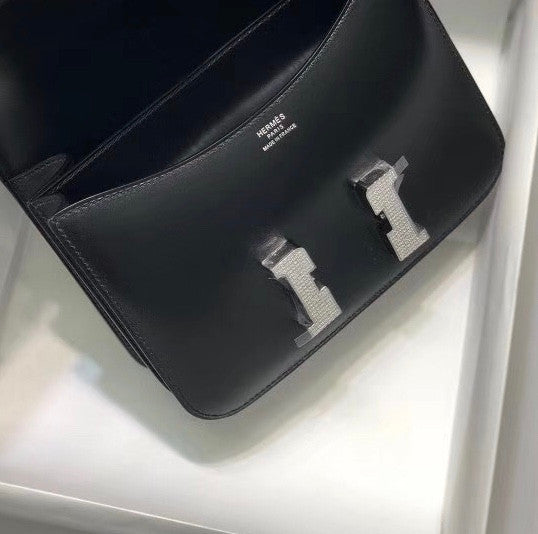 Hermes Black Box Leather  Constance 23 Bag with Diamonds