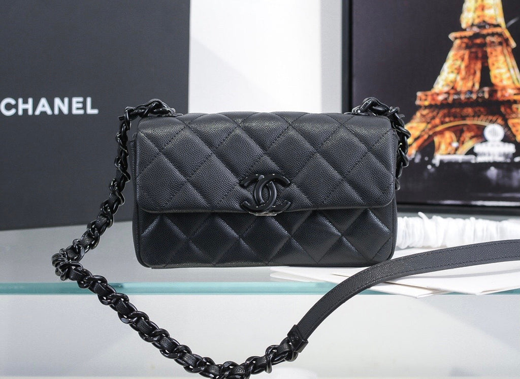 Chanel Small Grained Calfskin Lacquered Logo Flap Bag Black