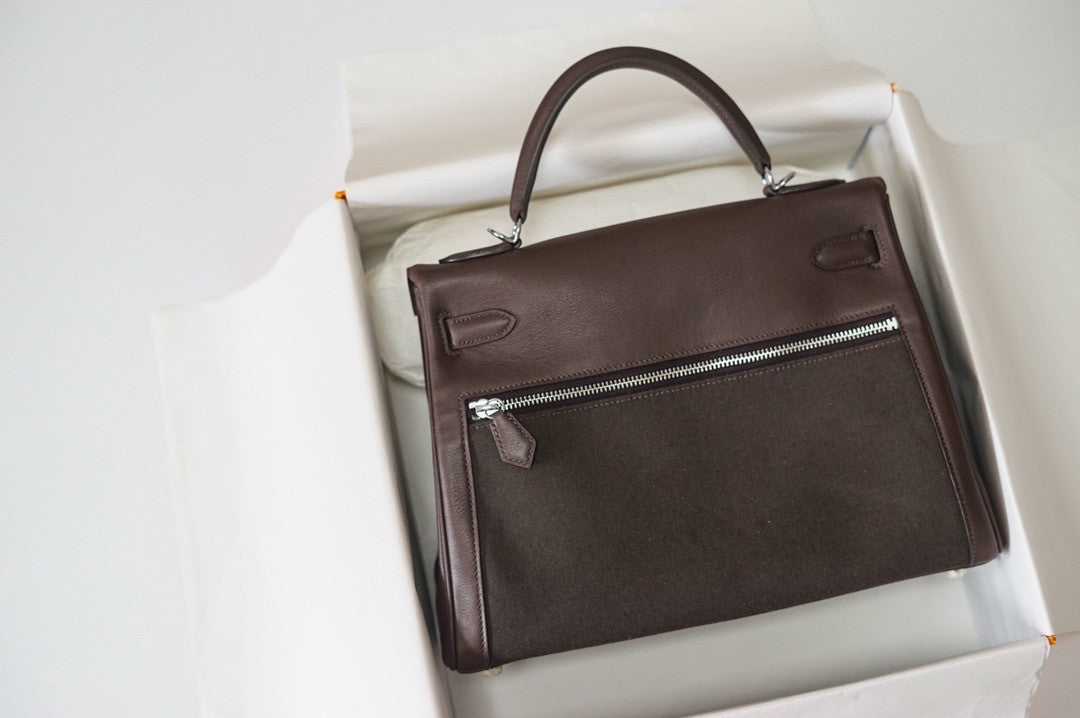 Hermes LIMITED EDITION EBENE SWIFT LEATHER & TOILE LAKIS KELLY 32 WITH PALLADIUM HARDWARE