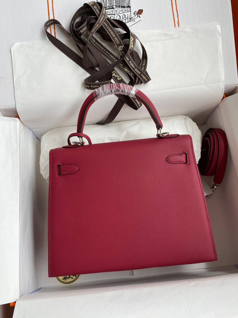 HERMES KELLY 28 SELLIER RUBIS EPSOM PALLADIUM HARDWARE
