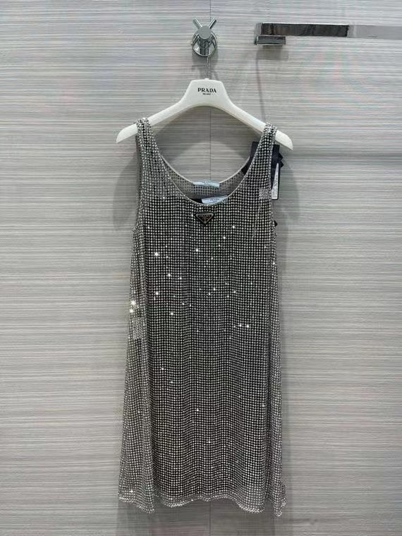 Prada Rhinestone embroidered mesh mini-dress