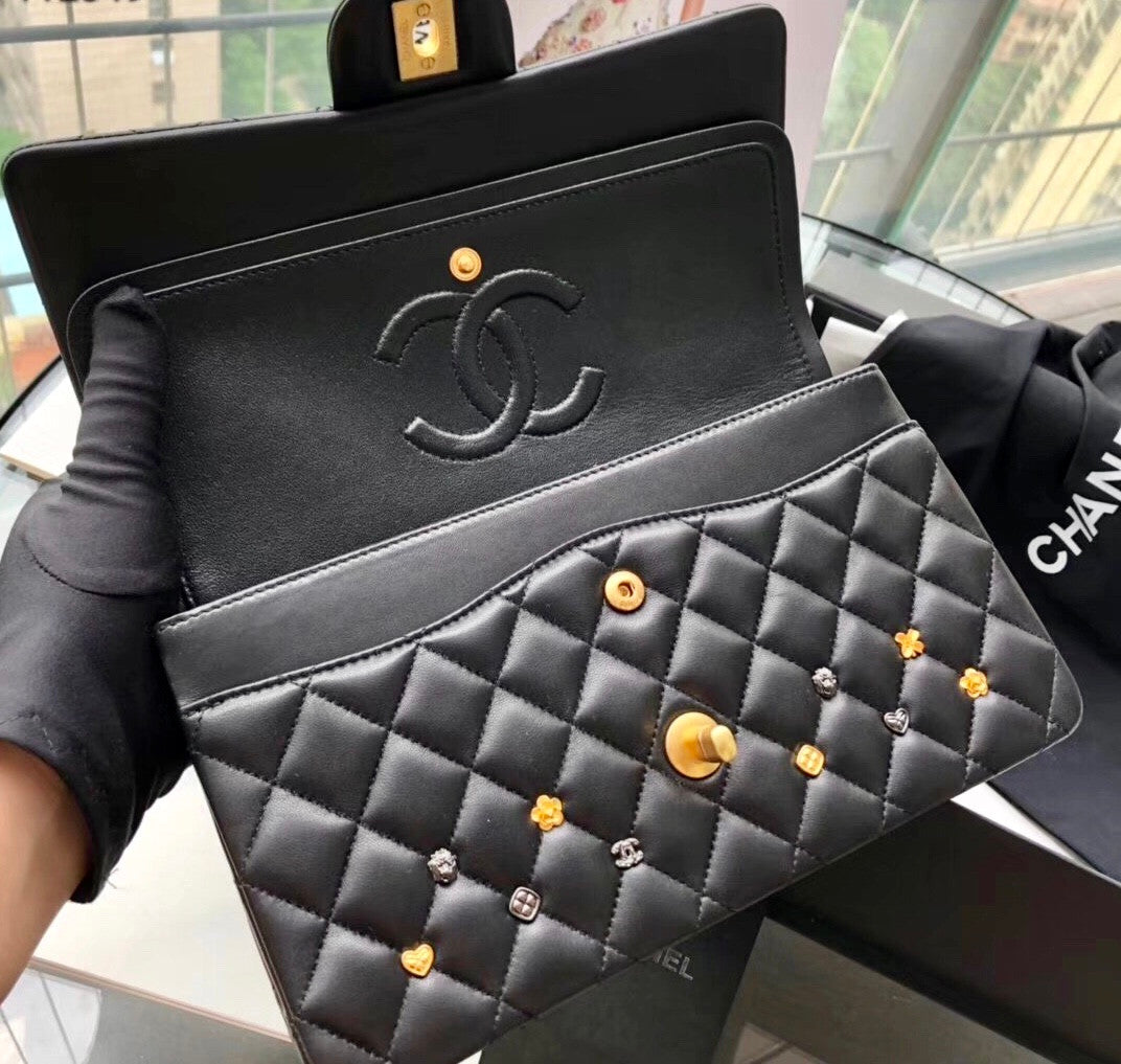 Chanel Black Leather Medium Classic 18K Gold Charms Double Flap Bag