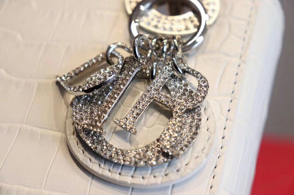 Christian Dior White  Alligator Mini Lady Dior Tote with gemstone hardware