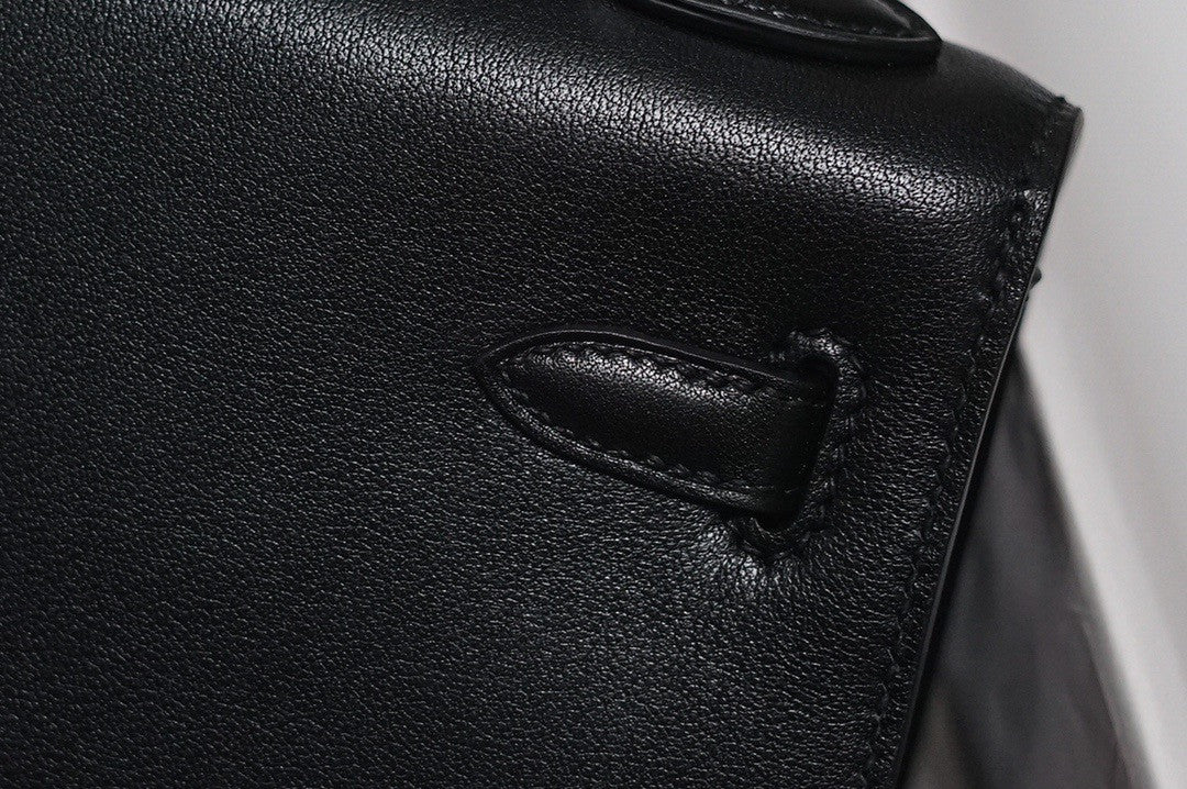 Hermes  FEATHER KELLY 25 Black Peacock feather & Box Leather with Palladium Hardware