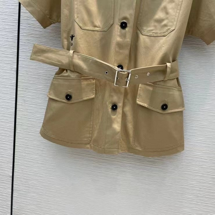 Christian Dior SHORT-SLEEVED BELTED JACKET Beige Cotton Gabardine