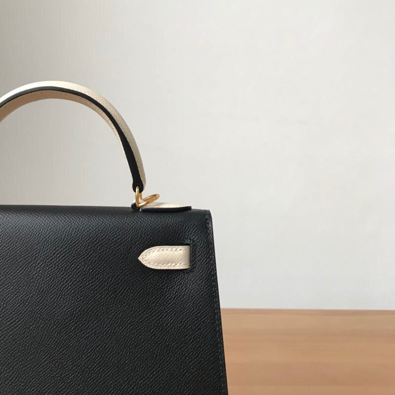 Hermes Special Order Black/ Craie Kelly 25 cm Epsom Gold Hardware