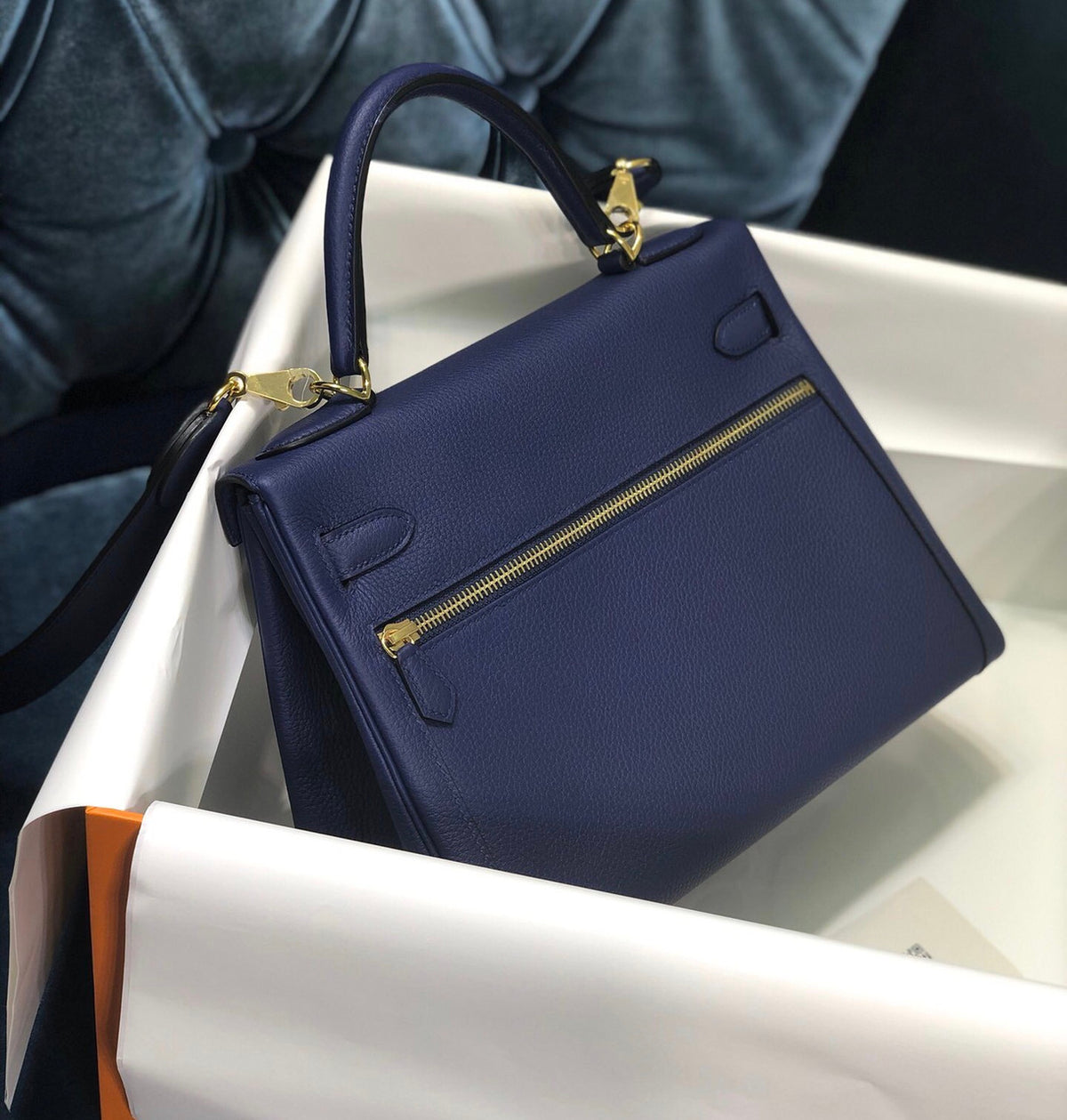Hermes Special Order Kelly Lakis 35 Navy with Gold Hardware
