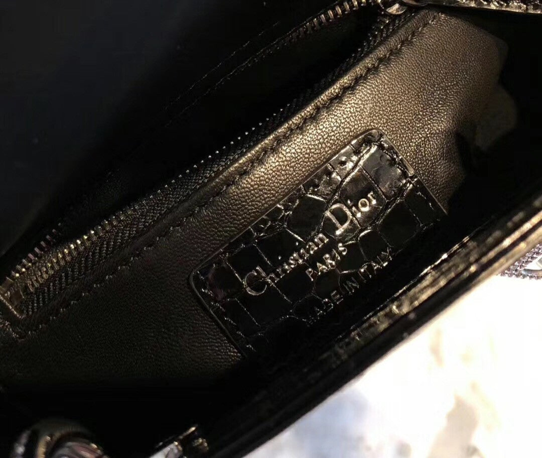 Christian Dior Black  Alligator Mini Lady Dior Tote with gemstone hardware
