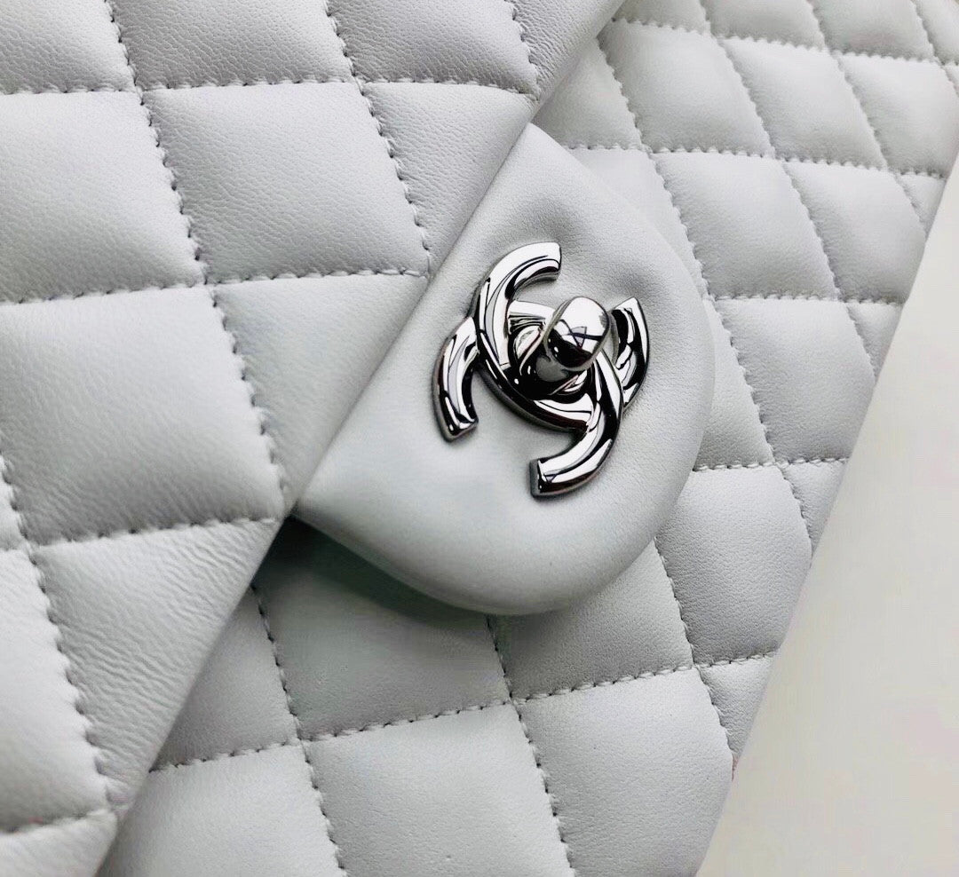 CHANEL White Lambskin Leather Classic Double Flap 2.55 Shoulder Bag With Silver Hardware