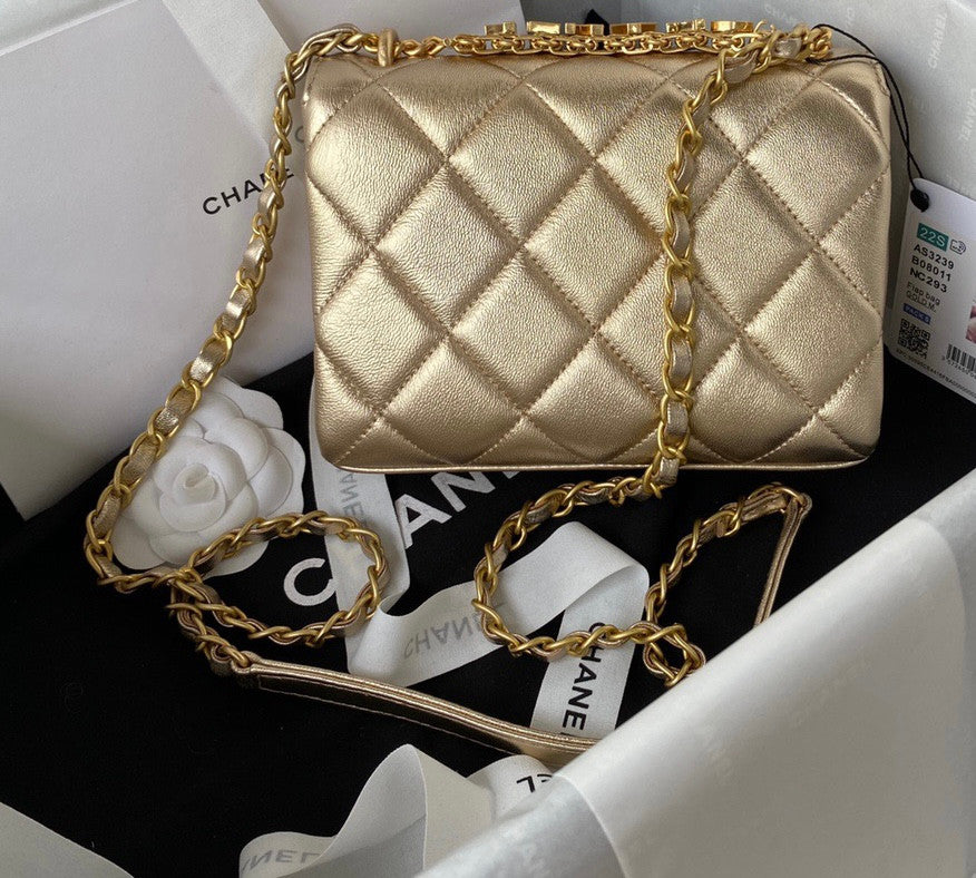 Chanel Diamanté & Gold Metal MINI FLAP BAG 2022 GOLD