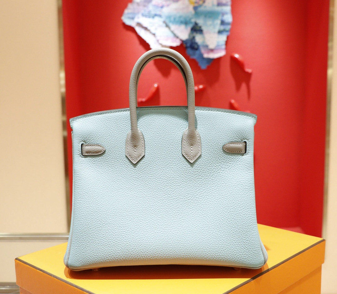 Hermes Special Order Bi-Colour 3P Blue Atoll/ 4Z Gris Mouette Birkin 25 cm Togo Gold  Hardware