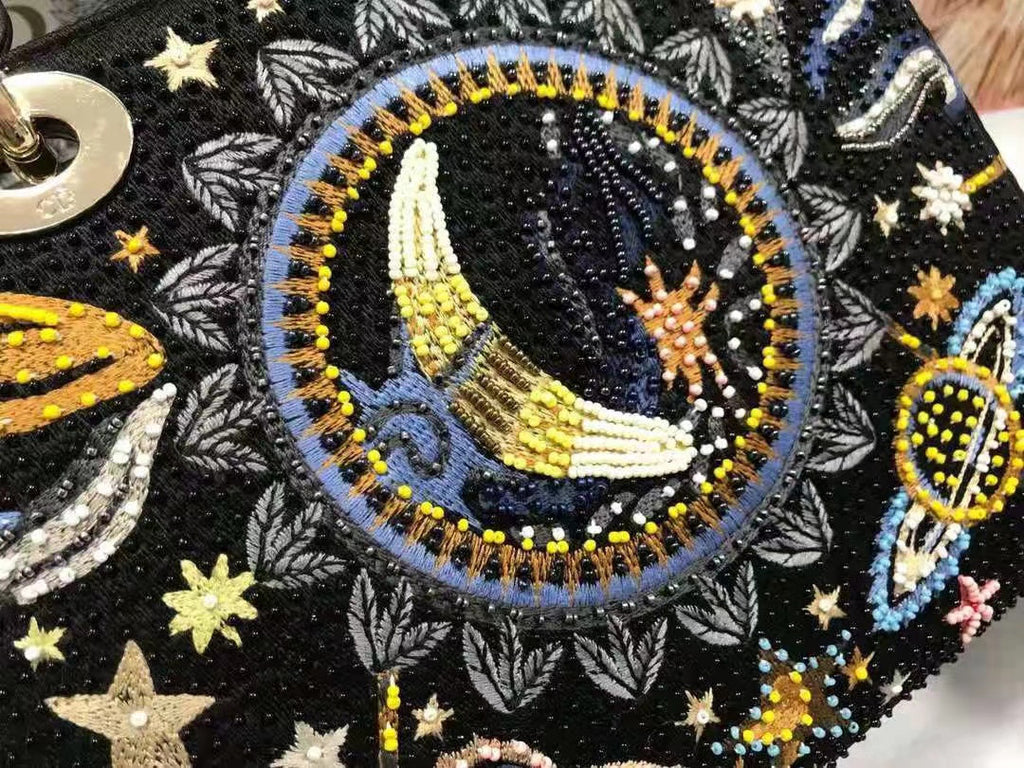 CHRISTIAN DIOR Limited Edition Black Leather Air Embroidered and Beaded Medium Lady Dior Bag