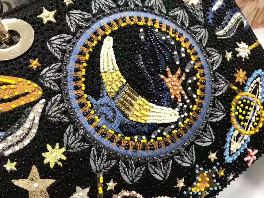 CHRISTIAN DIOR Limited Edition Black Leather Air Embroidered and Beaded Medium Lady Dior Bag