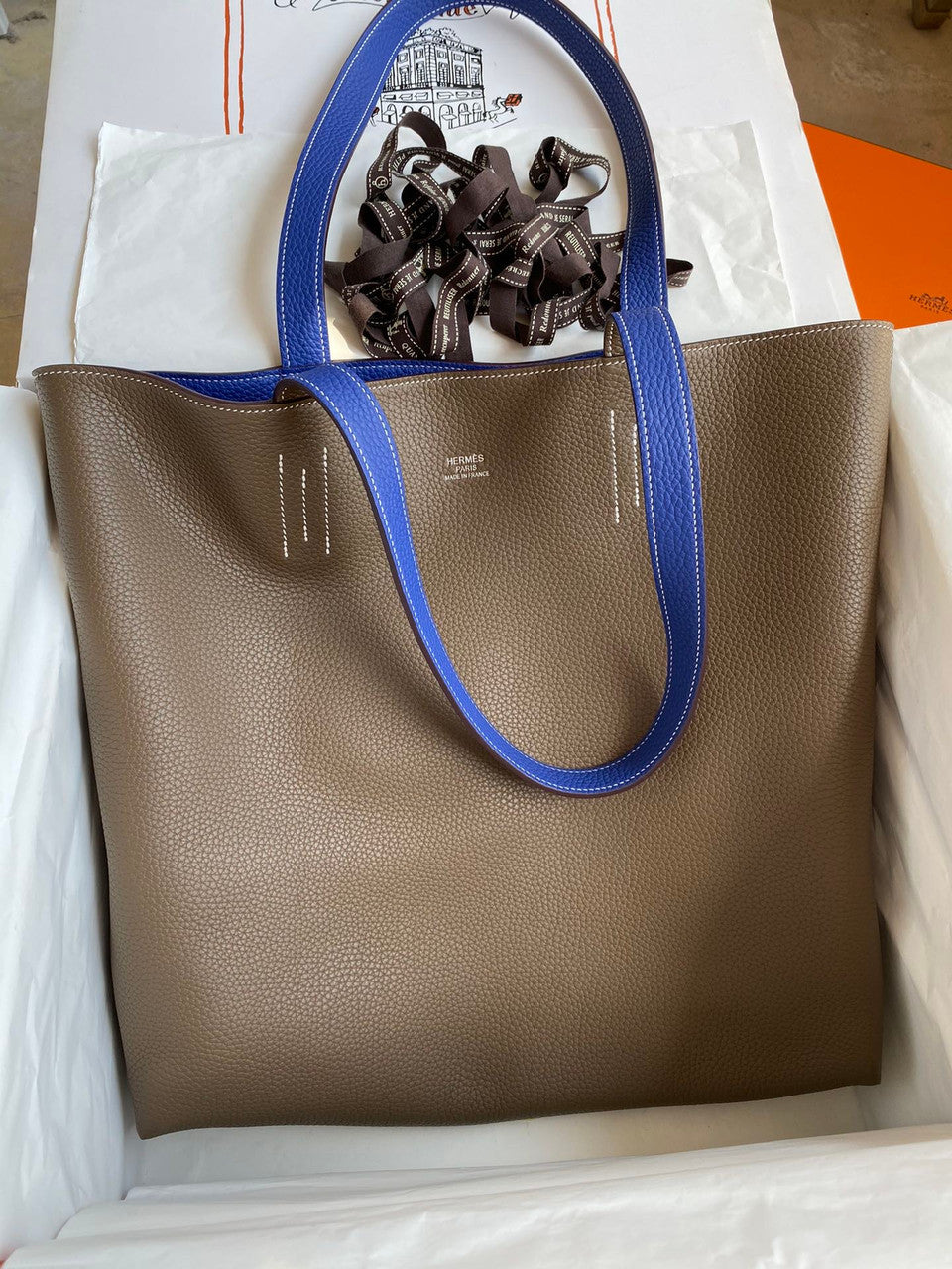 Hermes Double Sens Tote 30 Etoupe & Blue Electric