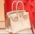 Hermes Special Order Bi-Colour Craie/Blue Lin Birkin 25 cm Palladium Gold  Hardware