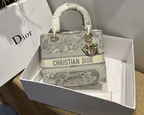 Christian Dior MEDIUM LADY D-LITE BAG Gray Toile de Jouy Reverse Embroidery