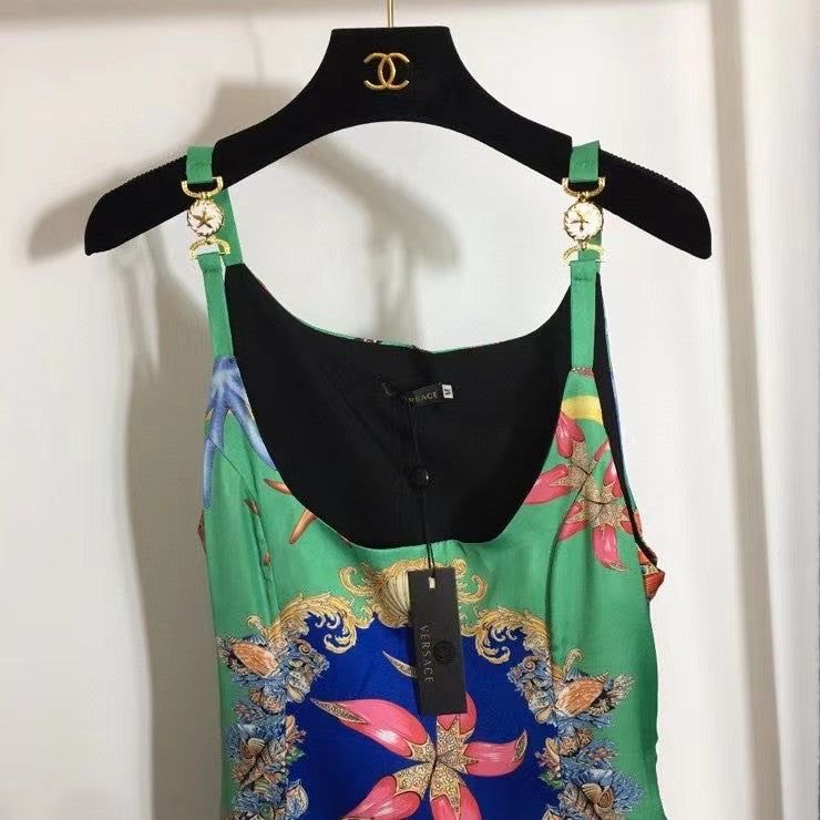 Versace TRÉSOR DE LA MER PRINT MIDI DRESS GREEN