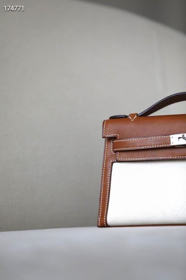 Hermès Limited Edition Mini Kelly Pochette Barenia Natara  leather/ Toile  Palladium hardware