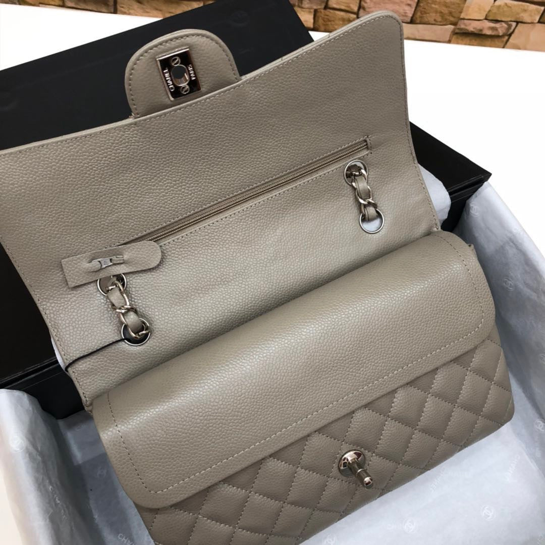 CHANEL Khaki Caviar Leather Classic Double Flap 2.55 Shoulder Bag Silver HW 2021