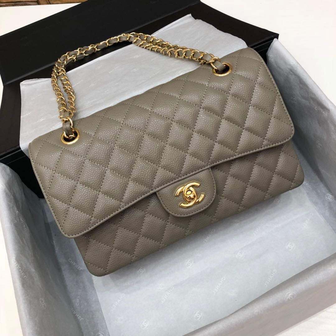 CHANEL Khaki Caviar Leather Classic Double Flap 2.55 Shoulder Bag Gold HW 2021