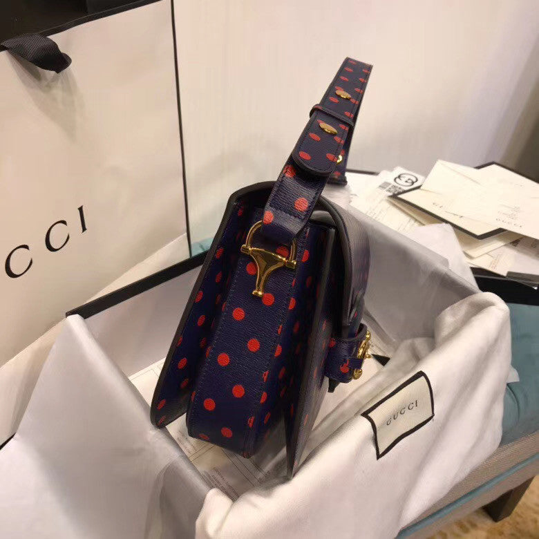 Gucci 1955 Horsebit shoulder bag with Blue leather  polka dot and Double G print