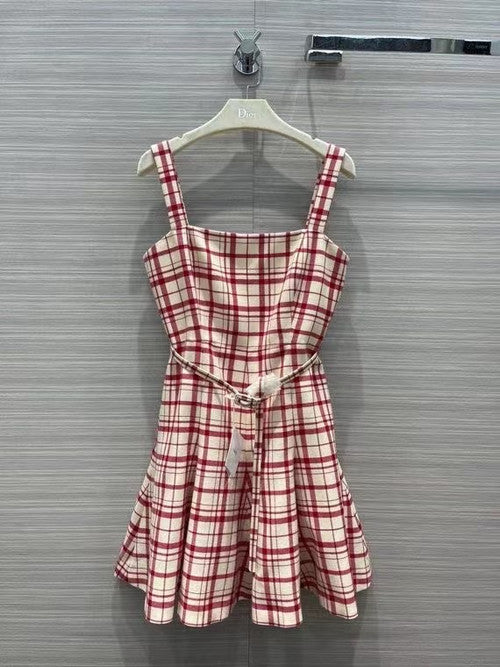 Christian Dior SHORT DRESS Raspberry and White Check'n'Dior Pop Wool Twill