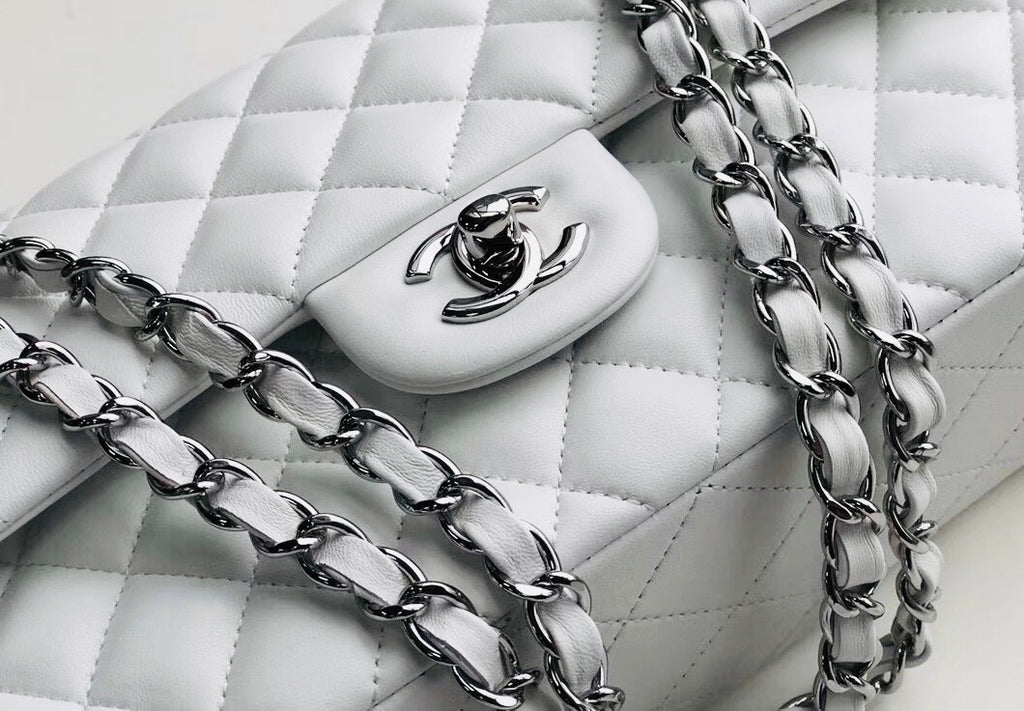 CHANEL White Lambskin Leather Classic Double Flap 2.55 Shoulder Bag With Silver Hardware