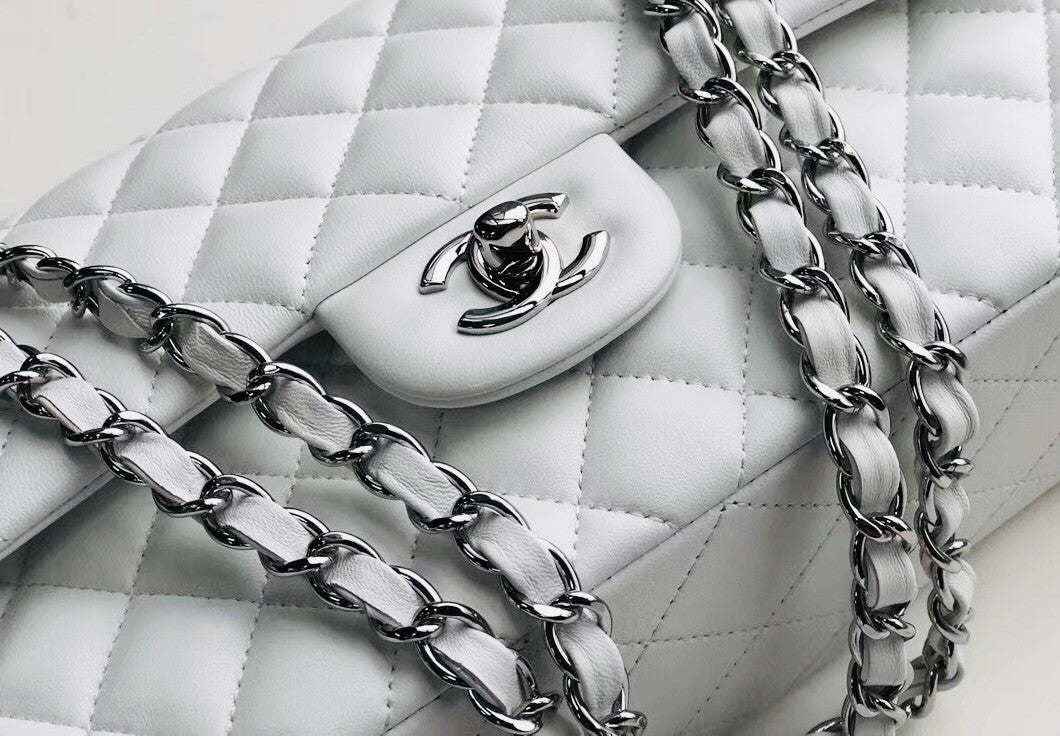 CHANEL White Lambskin Leather Classic Double Flap 2.55 Shoulder Bag With Silver Hardware