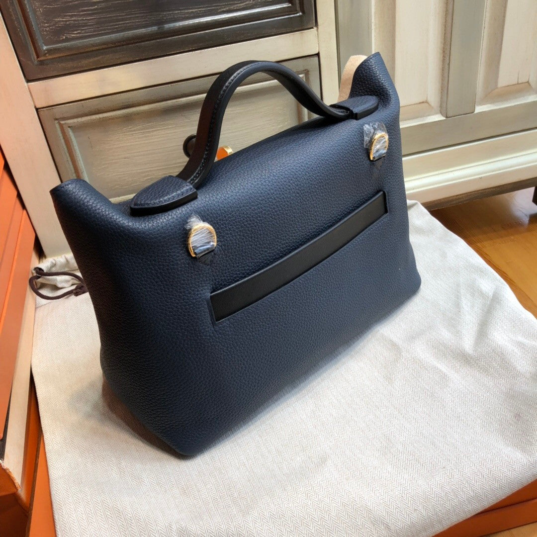 Hermes Kelly 24/24  Black/Navy Blue Swift & Togo Leather with Gold Hardware