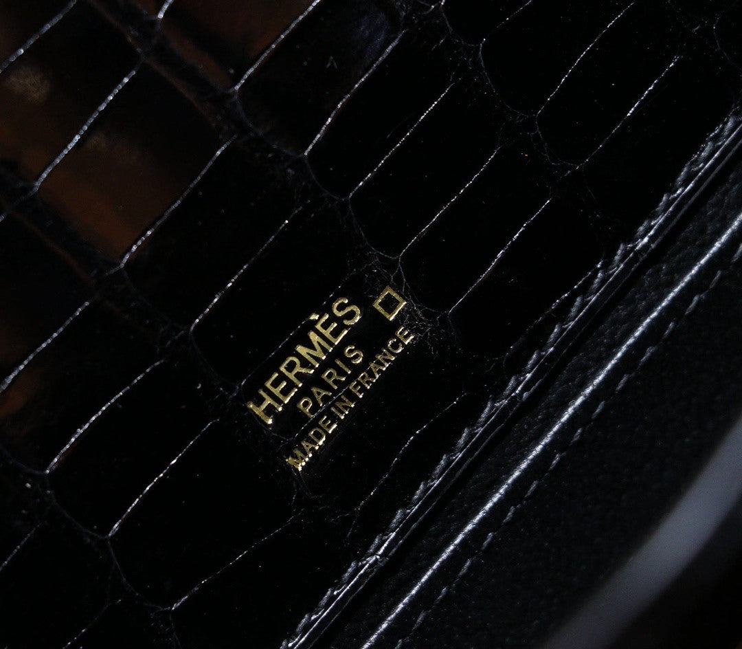 Hermes Black Mini Kelly Pochette Gator Shine with Gold Hardware
