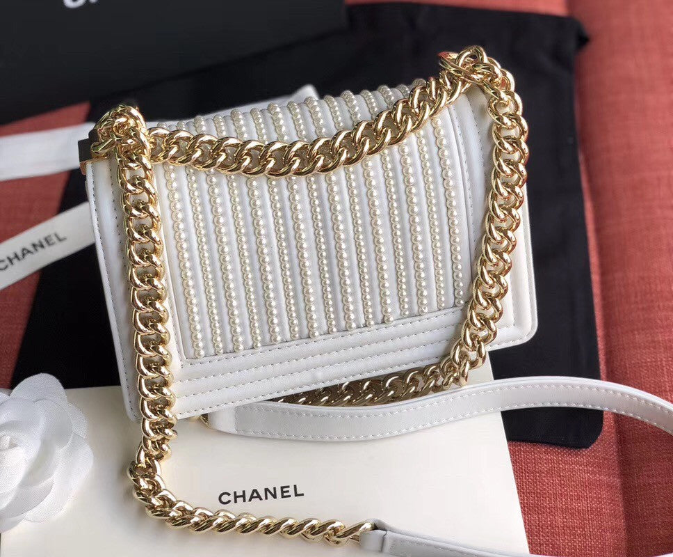 Chanel Small BOY CHANEL Handbag With Imitation Pearls White