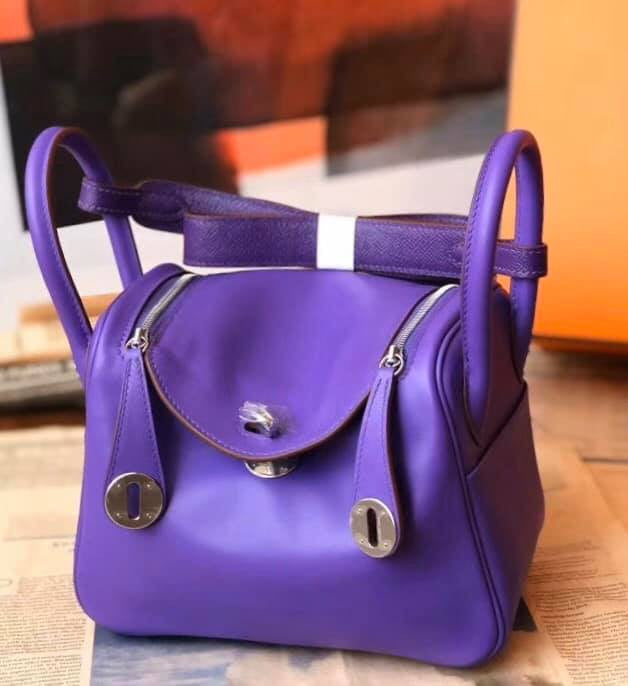 Hermes Rare  Mini Lindy 20cm Bag Violet Swift Leather Palladium Hardware with rare Tressage Strap
