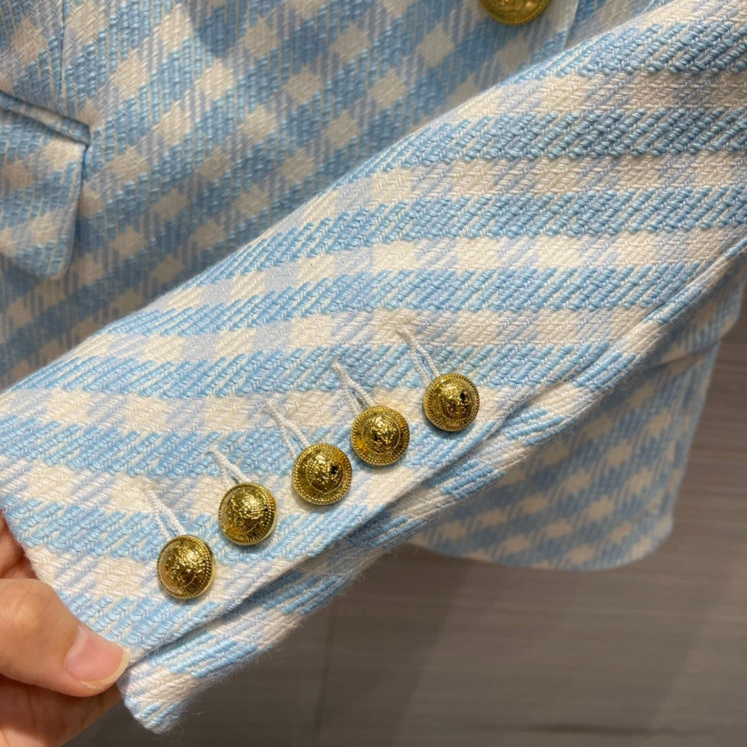 Balmain White and pale blue gingham print tweed jacket